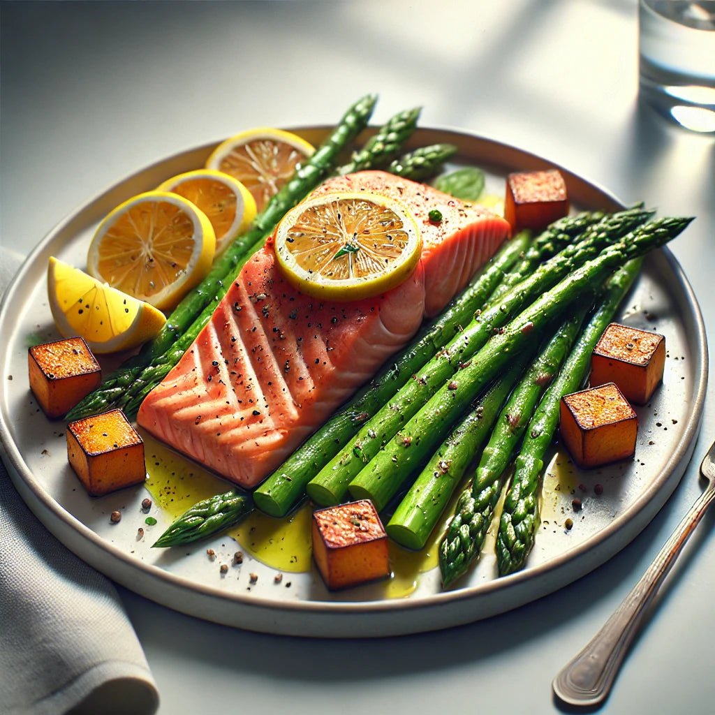 Baked Salmon with Asparagus and Sweet Potato - Optislim